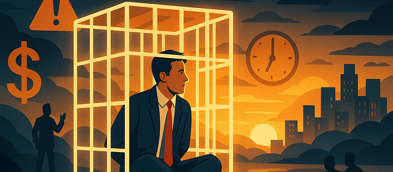 Businessperson trapped inside a glowing cage surrounded by negotiation symbols, symbolizing the risks of being held hostage during real estate deal negotiations.