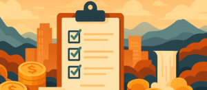 Hand holding a glowing checklist with real estate and risk icons, symbolizing essential elements needed for a complete Private Placement Memorandum in syndications