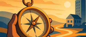 Hand holding a compass pointing toward real estate buildings along winding paths, symbolizing strategic direction and opportunity in launching a real estate fund.