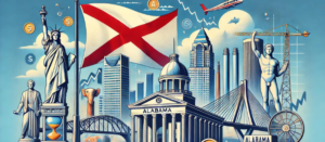 Alabama state flag with financial symbols and USS Alabama Battleship Memorial Park, representing syndication, PPM, and syndication attorney services under Blue Sky Laws.