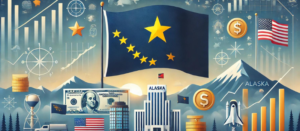 Alaska flag with financial symbols, Denali, Northern Lights, and fishing industry elements; representing syndication, PPM, and syndication attorney concepts.