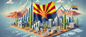 Illustration of Arizona syndication laws, featuring the state flag, financial symbols, landmarks, and a blue sky; ideal for PPM and syndication attorney context.