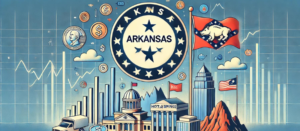 Parallax-style image of Arkansas flag with financial symbols, landmarks, blue sky, representing syndication laws, PPM, and services of a syndication attorney.