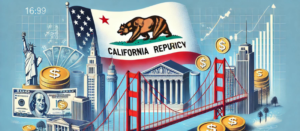 Illustration of California flag with financial symbols, Golden Gate Bridge, and blue sky, representing syndication, PPM, and syndication attorney topics.