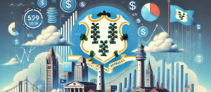 Connecticut state flag with financial symbols and landmarks, illustrating syndication, PPM, and the role of a syndication attorney in Connecticut's blue sky laws.