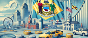 Delaware flag with financial symbols, Wilmington skyline, and blue sky, illustrating syndication, PPM, and a syndication attorney's role.