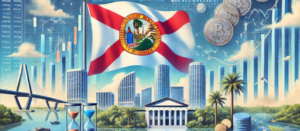 Florida state flag with financial icons, Miami skyline, beaches, Everglades under blue sky, illustrating syndication, PPM, and syndication attorney services.