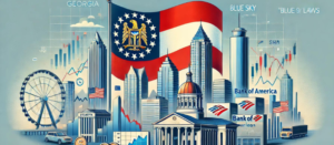 Parallax-style illustration with the Georgia state flag, financial elements, Atlanta skyline, and blue sky. Keywords: syndication, PPM, syndication attorney.