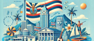 Hawaii state flag with financial icons and landmarks, representing syndication, PPM, and syndication attorney topics in a blue sky background.