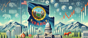 Illustration featuring Idaho state flag, financial symbols, and landmarks, highlighting syndication, PPM, and services by a syndication attorney against a blue sky background.