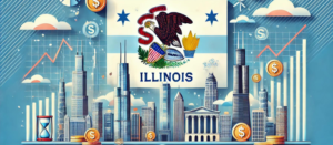 Illinois Blue Sky Laws illustration with state flag, Chicago skyline, finance symbols; keywords: syndication, PPM, syndication attorney.