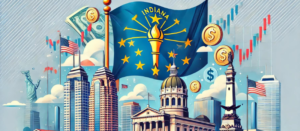 Indiana flag with finance elements and landmarks, highlighting syndication, PPM, and syndication attorney.