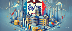 Iowa Blue Sky Laws illustration with syndication themes, PPM elements, and state flag; ideal for a syndication attorney's blog.