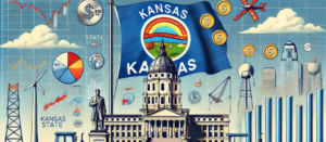 Kansas state flag in foreground, finance symbols, state landmarks, and clear blue sky; illustrating Kansas syndication, PPM, and syndication attorney concepts.