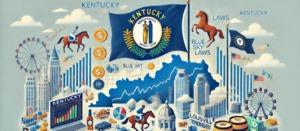 Kentucky syndication laws visual with flag, financial symbols, horse racing, and blue sky, illustrating PPM and the role of a syndication attorney.