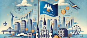 Illustration of Louisiana Blue Sky Laws for syndication, featuring PPM elements, state landmarks, and a blue sky. Ideal for syndication attorneys.