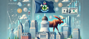 Illustration of Maine state flag, financial symbols, and landmarks, highlighting syndication, PPM, and the role of a syndication attorney in Maine.
