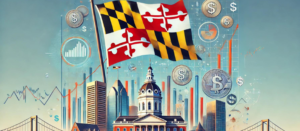 Maryland state flag, financial elements, Baltimore landmarks, and blue sky, illustrating syndication, PPM, and the role of a syndication attorney.