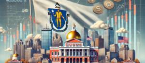 Massachusetts state flag with financial symbols and Boston landmarks, illustrating syndication, PPM, and syndication attorney services under blue sky laws.