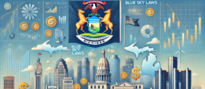 Parallax illustration of Michigan's blue sky laws: state flag, financial symbols, Mackinac Bridge, Detroit skyline; ideal for syndication, PPM guidance, and syndication attorney consultation.