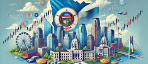 Image depicting Minnesota syndication laws: state flag, financial elements, Minneapolis skyline, and blue sky, highlighting syndication, PPM, and syndication attorney themes.