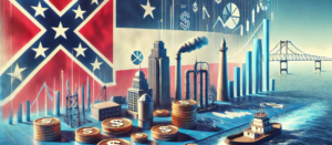 Mississippi flag with financial symbols, Biloxi Lighthouse, and blue sky, representing syndication, PPM, and syndication attorney.