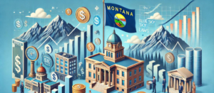 Montana flag with financial symbols, investors, and Rocky Mountains, illustrating syndication, PPM, and the role of a syndication attorney under blue sky laws.