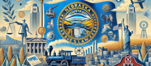Parallax illustration of Nebraska Blue Sky Laws featuring syndication, PPM, and landmarks, illustrating financial regulations with the state flag and a syndication attorney theme.
