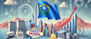 Nevada state flag, financial symbols, Las Vegas landmarks, and a blue sky, representing syndication, PPM, and the role of a syndication attorney in Nevada.