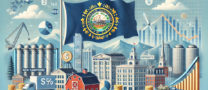 New Hampshire state flag, financial symbols, landmarks; syndication, PPM, and syndication attorney visualized under a clear blue sky.