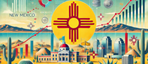 New Mexico state flag with financial elements, desert landscape, and Pueblo architecture. Keywords: syndication, PPM, syndication attorney.