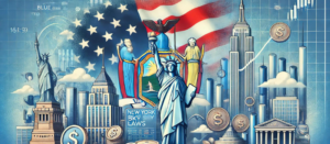 New York Blue Sky laws illustration: state flag with landmarks, financial elements for syndication, PPM, and syndication attorney topics against a blue sky backdrop.