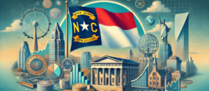 North Carolina flag with finance elements, landmarks, blue sky; illustrating syndication, PPM, and guidance from a syndication attorney for investors.