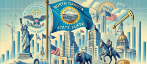 Illustration of North Dakota flag, finance symbols, landmarks, and blue sky, representing syndication, PPM, and syndication attorney themes.