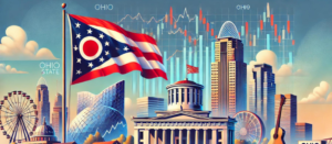 Ohio flag with financial symbols, landmarks, and blue sky illustrating syndication, PPM, and syndication attorney themes for Ohio Blue Sky Laws.