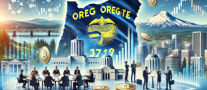 Oregon state flag with financial symbols and landmarks, illustrating syndication, PPM, and syndication attorney concepts under a clear blue sky.