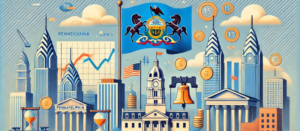 Parallax illustration of Pennsylvania's Blue Sky Laws for syndication, featuring the state flag, financial elements, and landmarks. Relevant for PPM and syndication attorney guidance.