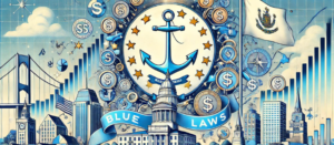 Rhode Island flag with financial symbols, landmarks, and a blue sky, highlighting syndication, PPM, and the role of a syndication attorney.