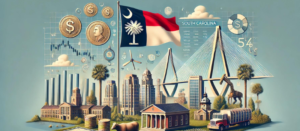South Carolina flag with financial symbols, Palmetto trees, and Arthur Ravenel Jr. Bridge; keywords: syndication, PPM, syndication attorney.
