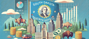 South Dakota flag with financial symbols, Mount Rushmore, and a blue sky, representing syndication, PPM, and a syndication attorney.