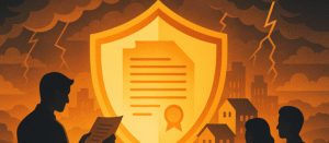 Investor reviewing a document shield protecting real estate properties from storm clouds, symbolizing the role of a Private Placement Memorandum in syndications.