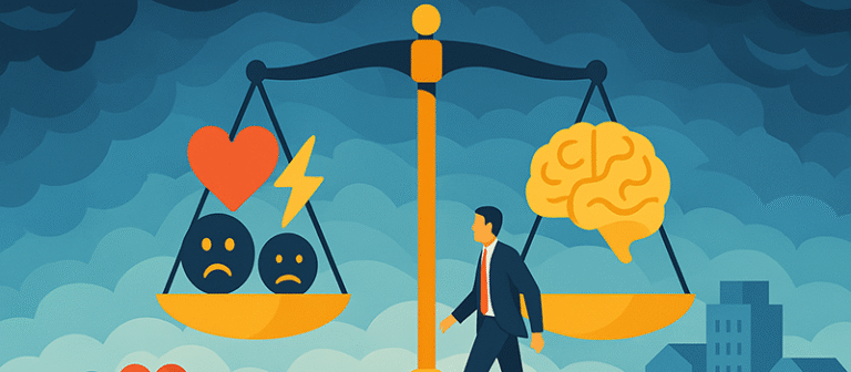 Businessman walking toward a balanced scale with logic and emotion symbols, illustrating how behavioral finance impacts Regulation D syndicators and fund managers.
