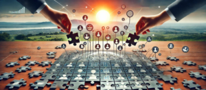 Hands assembling a puzzle with symbols representing team roles in syndication, set against a serene landscape with a rising sun symbolizing project harmony.