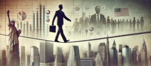 Professional balancing on a tightrope over a cityscape, symbolizing the balance needed in investor relations while managing political views in real estate syndication.