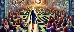 A businesswoman navigates a complex maze representing real estate syndication, surrounded by a crowd of investors. The path leads to a glowing dollar symbol, symbolizing successful investment and capital raising. The scene illustrates the journey of securing syndication funds, emphasizing legal documentation, compliance with SEC regulations, and strategic communication with potential investors.