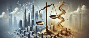 Illustration of fiduciary duties in syndications, featuring balanced scales, real estate cityscape, golden financial threads, and investment symbols, representing trust, compliance, and ethical fund management.