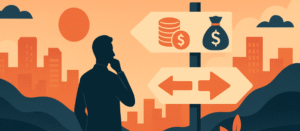 Parallax-style illustration of a businessman at a crossroads choosing between 506(b) and 506(c) investment paths, symbolized by icons of coins and a money bag in a stylized financial landscape.