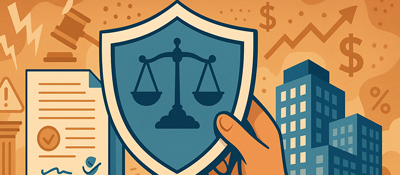 Illustration of legal protection with a shield held in front of financial documents, investors, and real estate assets to symbolize private placement compliance.