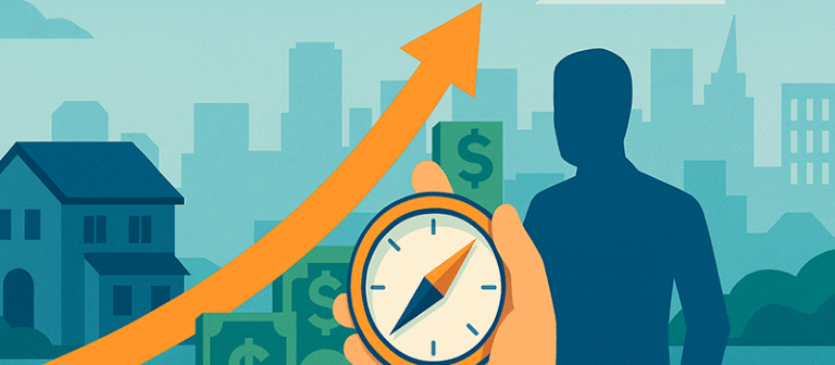 Illustration of real estate syndication with a hand holding a compass, guiding investment toward growing property value and financial returns.