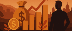 Illustration of a high net worth investor observing rising bar graphs, a dollar coin, and money bag, symbolizing predictable cash flow, capital preservation, and financial growth.